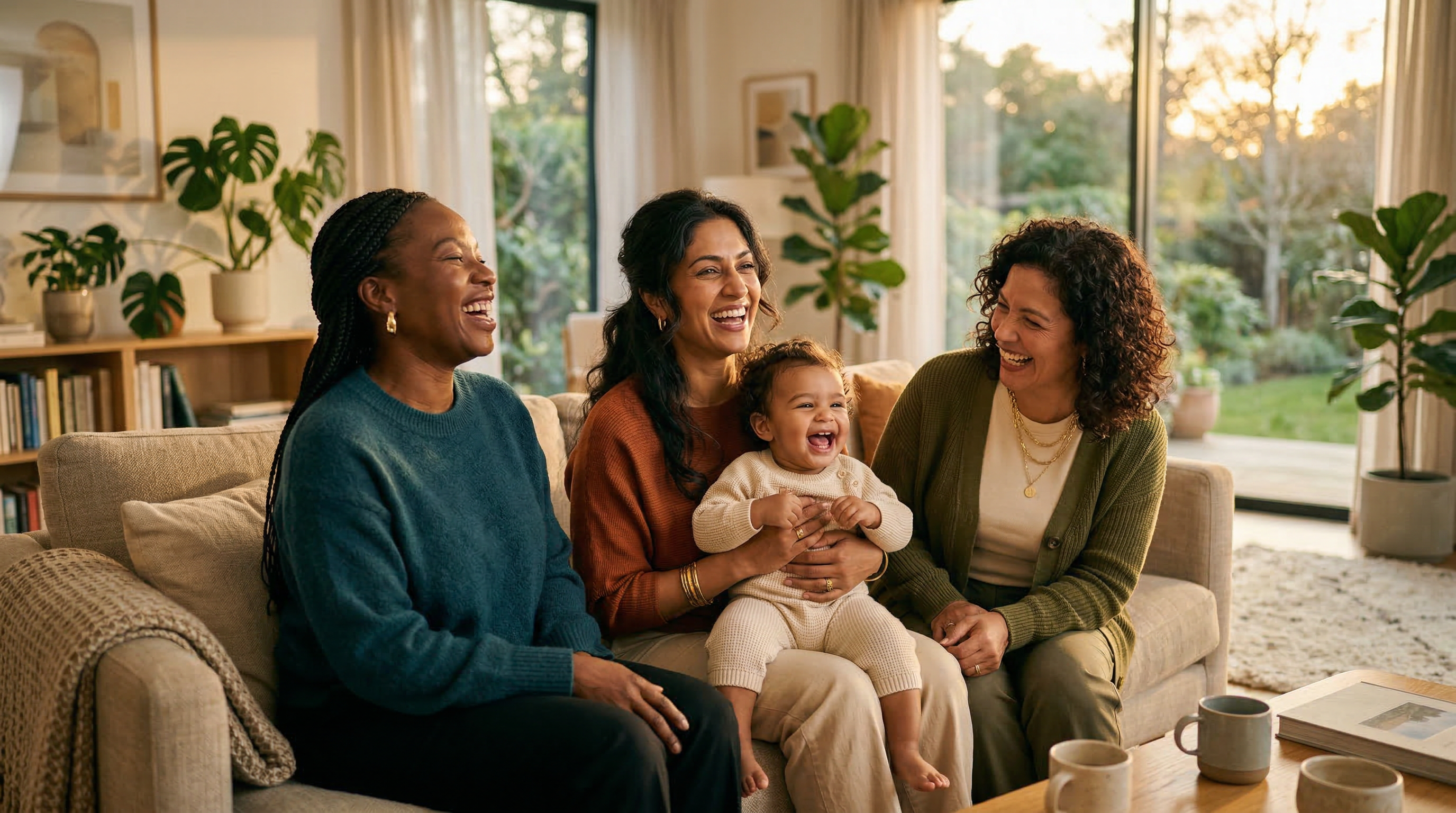 Three diverse women caregivers with a toddler in a warm modern living room